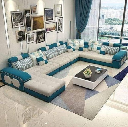 طقم كنب زاوية (مجلس متصل) على شكل حرف U باللون الأزرق والبيج